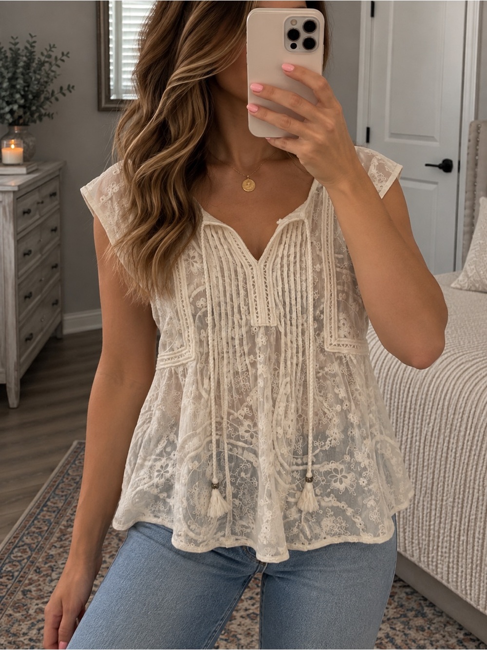 Daniel Rainn Lace Embroidered Blouse Ivory Boho Romantic Top L NWOT